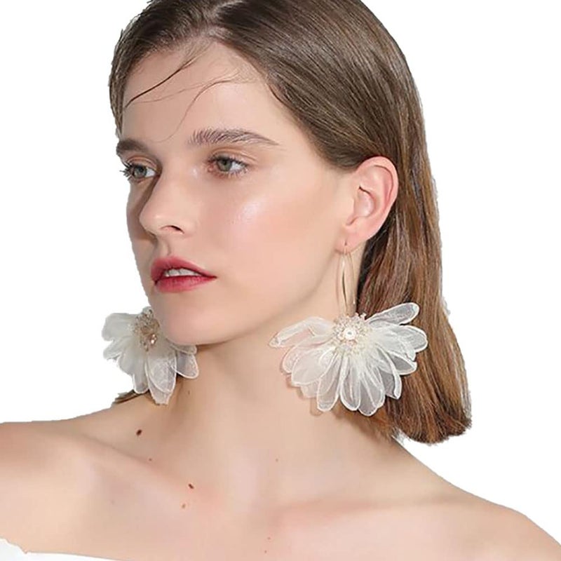 YERTTER Women Big Petal Drop Large Earrings Big Flowers Dangle Earrings with Chiffon Floral Tassel for Vacation Wedding (Ivory) - Image 2